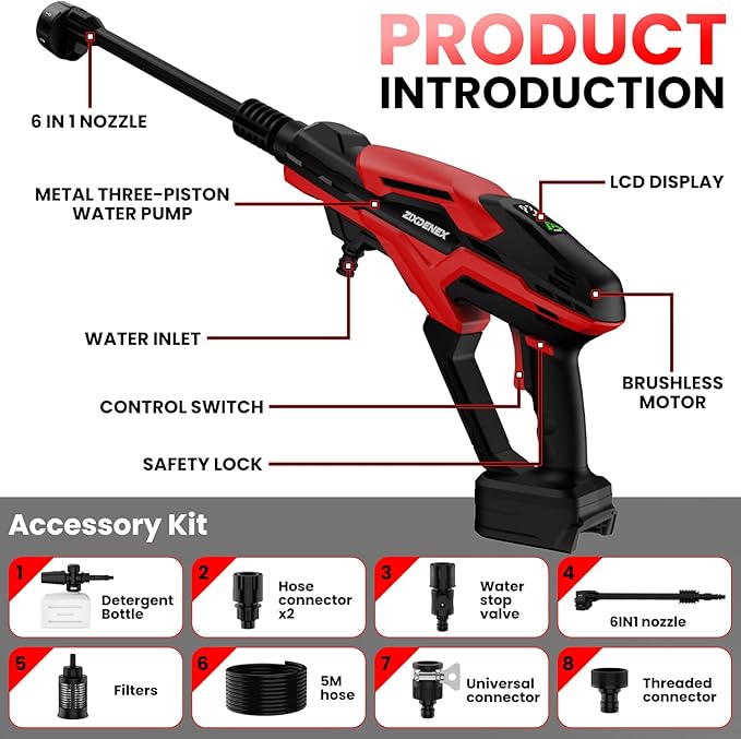 Cordless Pressure Washer for Milwaukee 18V Battery, 800 PSI Portable Handheld Power Washer with Brushless Motor, 6-in-1 Nozzle, 3 Level Adjustable for Car Yard Fence Cleaning (Battery Not Included)