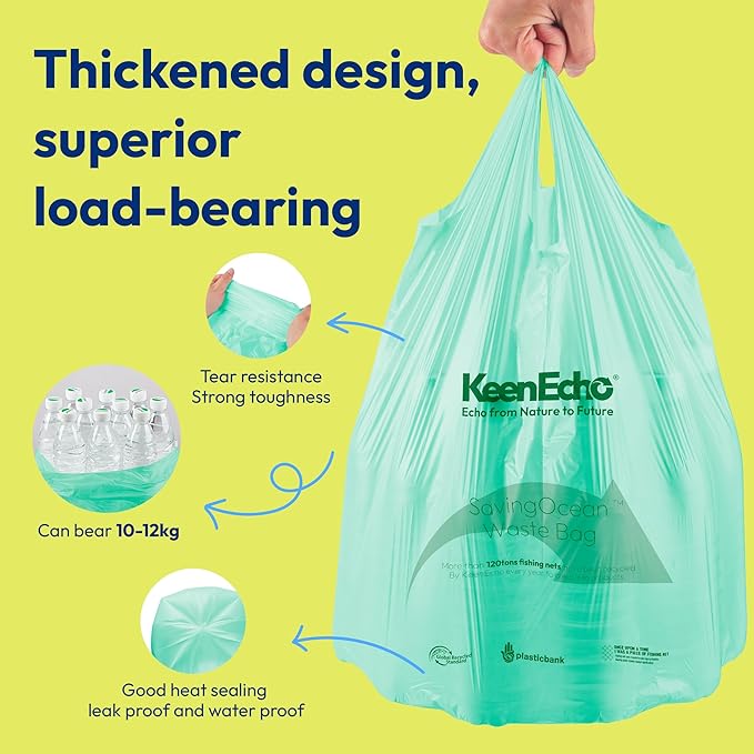 4 Gallon 200 Counts Small Green Trash Bags with Handle, Ocean Fishing Nets Upcycling, Sage & Sea Salt Scented, Plastic Garbage Bags, Waste Bag for Kitchen, Bathroom, Office and Pets
