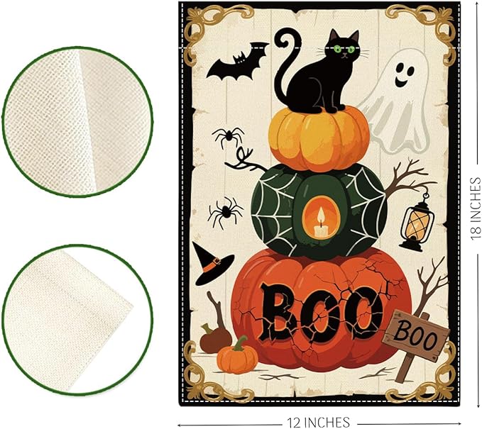 Halloween Boo Garden Flag Scary Ghost Bat Fall Halloween Themed Holiday Party Outside Outdoor Lawn Decorations Yard Flag Double Sided 12x18 Inch
