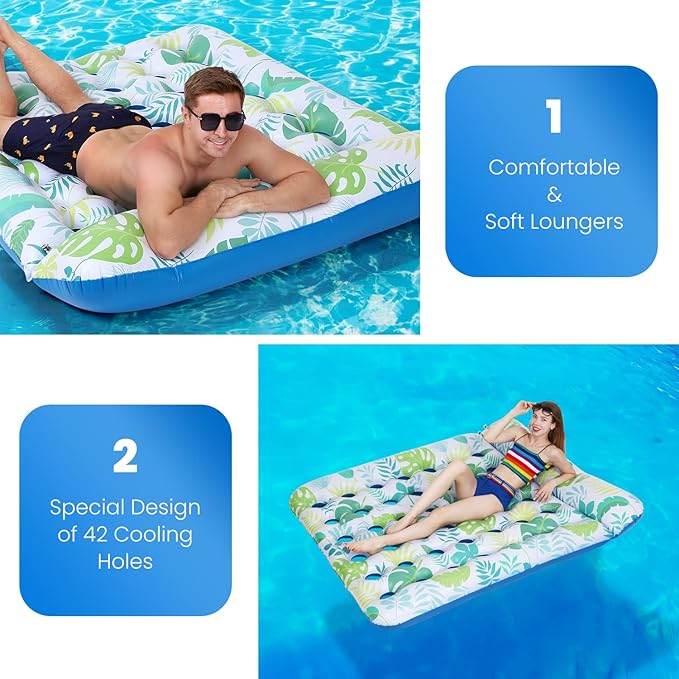 Inflatable Pool Float Mat, 72" X 60" Giant Pool Floats Adult Size with Headrest Lake Float Raft Water Lounger, Oversized Floating for Swimming Pool Tanning Pool for Summer Beach