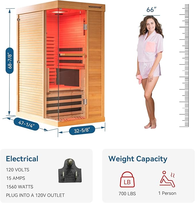 Woodbridge Infrared Home Sauna Room 1 Person Hemlock Wooden Indoor Sauna,7 Carbon 1560W/120V Heaters,with Led Color Therapy Light,Bluetooth Speaker,Tempered Glass,Touch-Tone Keypad and A Top Vent