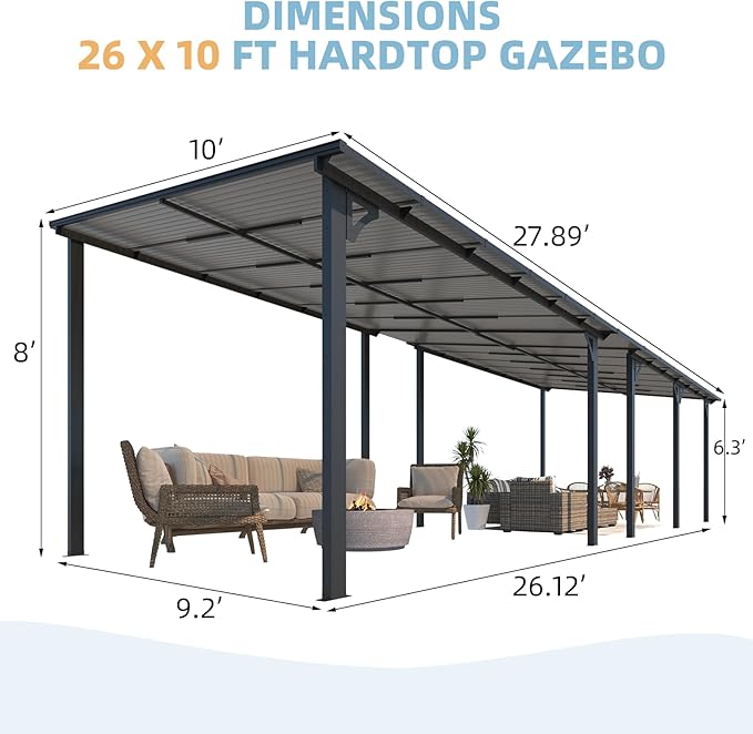 AECOJOY 26' x 10' Gazebo for Patio, Large Wall-Mounted Hard Top Lean-to Gazebo Pergola with Roof 10' x 26' on Clearance, Heavy Duty Patio Awnings for Decks, Backyard