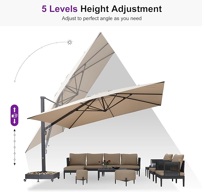PURPLE LEAF 13 FT Square Patio Umbrella Large Outdoor Aluminum Offset Umbrella with 360-degree Rotation Cantilever Umbrella for Garden Deck Backyard Pool Beige