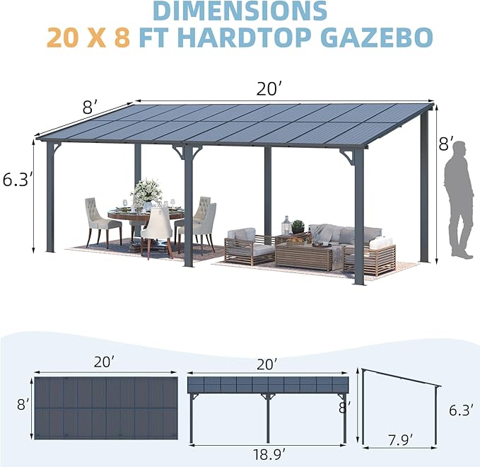 AECOJOY 20' x 8' Outdoor Gazebo for Patio, Large Wall-Mounted Hard Top 8x20 Lean to Metal Gazebo Shelter Pergolas and Gazebos Clearance with Patio Roof, Heavy Duty Awnings for Patio, Decks