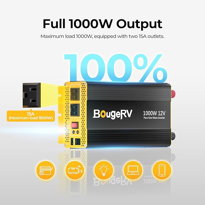 BougeRV 1000W Pure Sine Wave Inverter Convert 12V DC to 120V/110V AC, Fully 1000W Output, Built-in BT for BougeRV APP, Wired Remote Controller, Off-Grid Solar System, RV, Backup Power