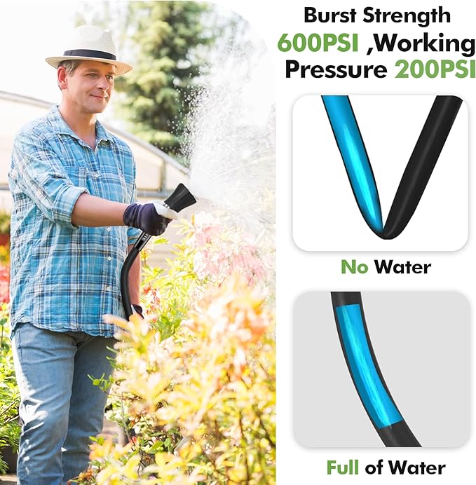 SPECILITE 5/8" Garden Hose 200 ft with High Flow Nozzle, Heavy Duty Flexible Hybrid Rubber Water Hose for Outdoor, Lightweight, Leak-Proof, No-Kink, 3/4"Stainless Steel Fittings,Black