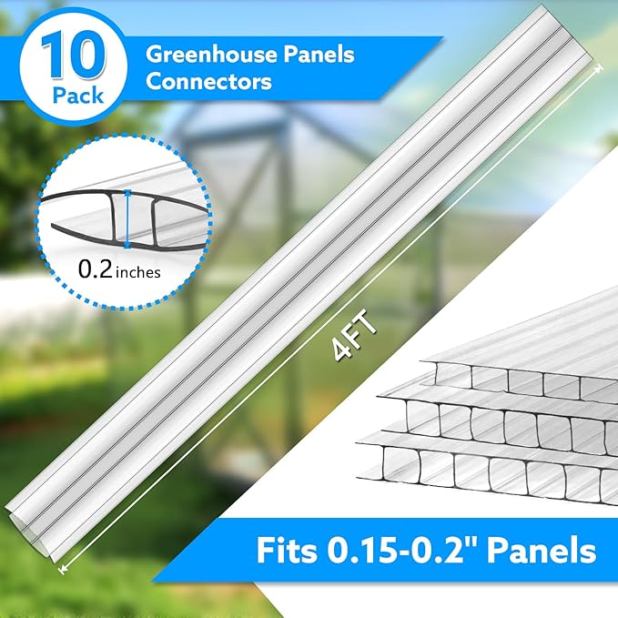 Polycarbonate Greenhouse Panel Connectors – 10 Packs, 4FT H Connectors Fits 6 or 8 MM Panels, UV-Resistant Greenhouse Joining Strips for DIY Garden Greenhouses and Cold Frames