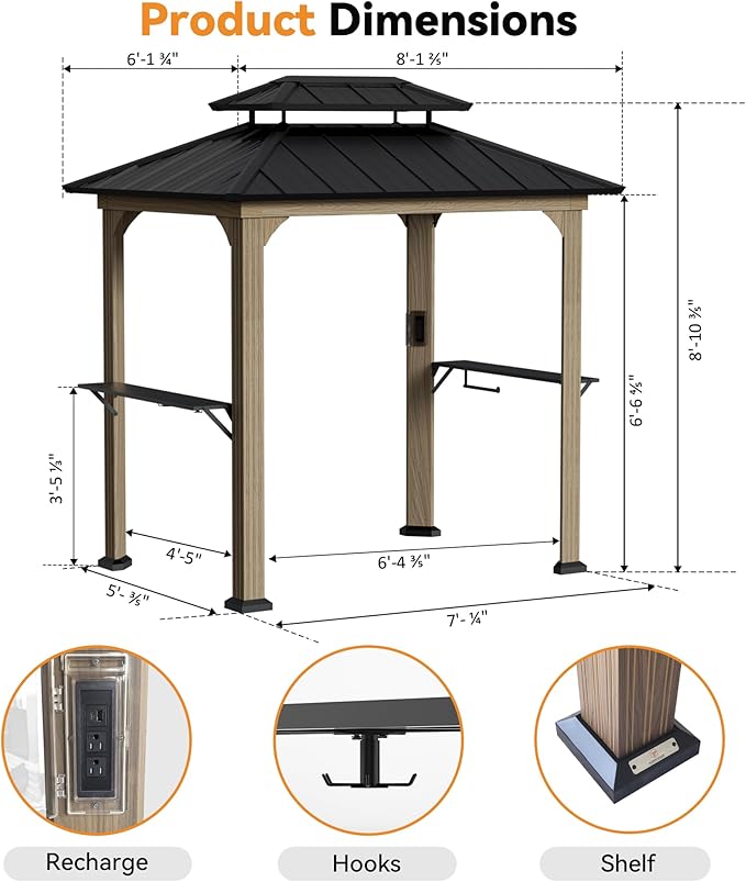 Modern Shade Grill Gazebo 6' X 8', Aluminum BBQ Gazebos with Shelves and Ceiling Hook, Grill Canopy Hardtop with Galvanized Steel Roof, Outdoor Grill Gazebo with Extra-Wide Column Design, Wood-Looking