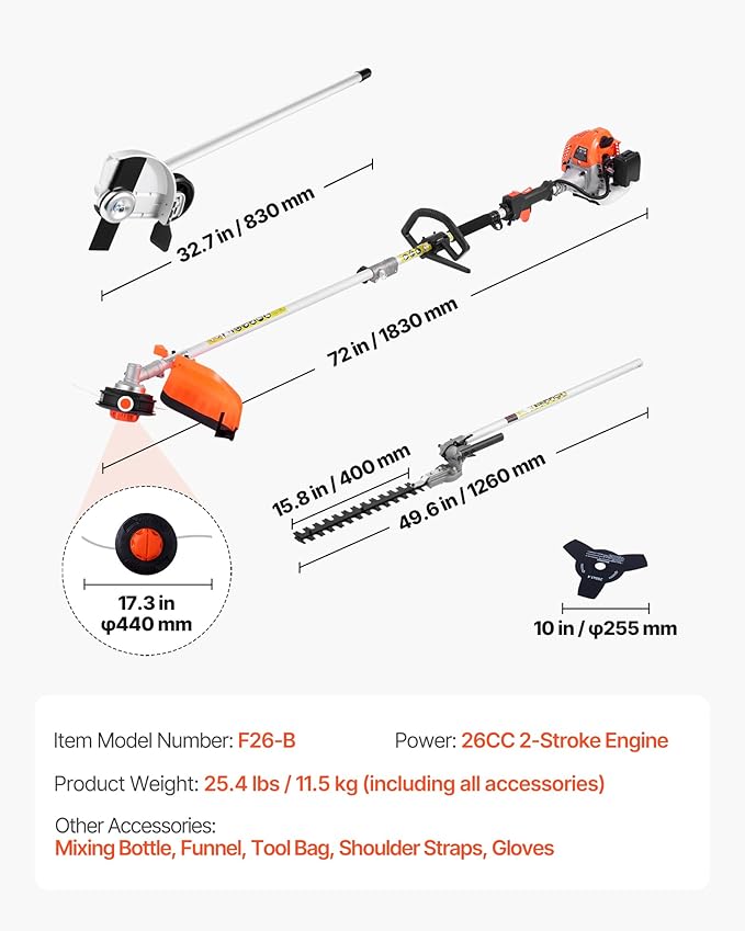 Gas Hedge Trimmer VEVOR, 26cc 2-Cycle Handheld 4-in-1 Trimmer Kit with Hedge Trimmer, Weed Eater/String Trimmer, Edger & Brush Cutter, Includes Protective Gear for Shrubs & Bushes
