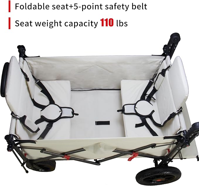 Collapsible Foldable Wagon Cart with Quick-Release Wheels & 2 Seats Camping Wagon- Heavy-Duty Utility Wagon 265LBS Capacity for Camping, Garden, Shopping (Beige)