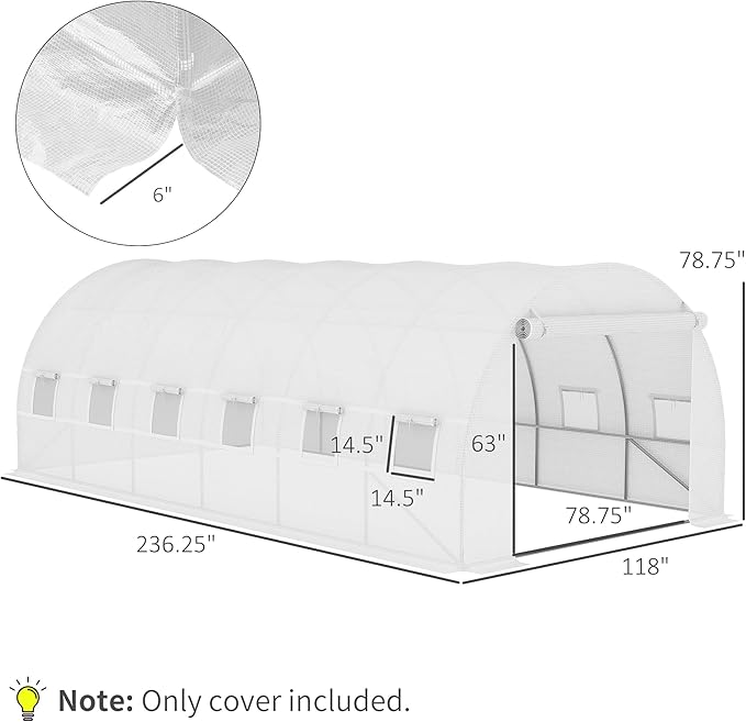 Outsunny 19.7' x 9.8' x 6.6' Plastic Greenhouse Cover Replacement, Heavy Duty Waterproof Tarp for Hoop House, Sheeting with 12 Windows, Door & Reinforcement Grid, White