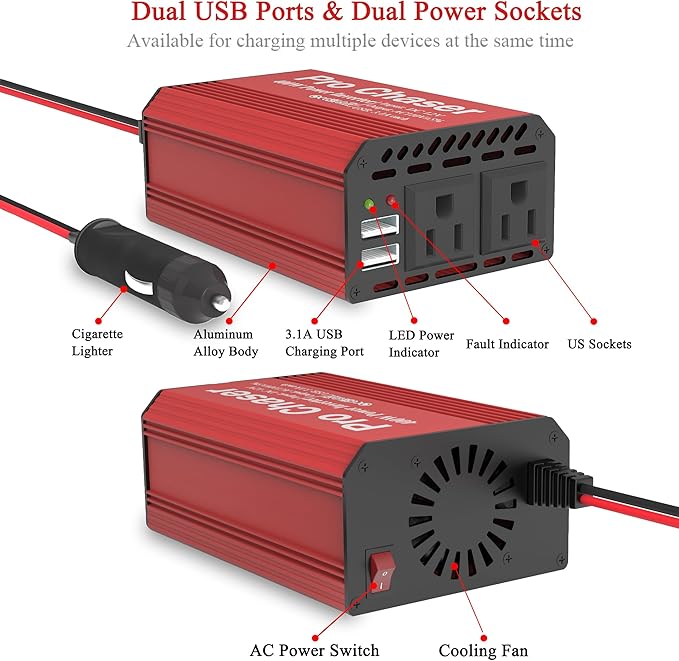 Pro Chaser 400W Car Power Inverter – DC 12V to AC 110V Converter with Dual AC Outlets & 6.2A USB Ports, Ideal for Road Trips, Camping, Small Appliances & Electronics (Red)