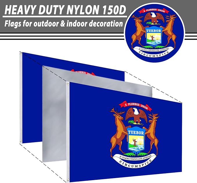 FLAGWIN Michigan Flag 3x5 FT - 3 Ply Double Sided Polyester Michigan State Flag with Brass Grommets - Vivid Color and Fade Proof State of Michigan Flags 3x5 Outdoor