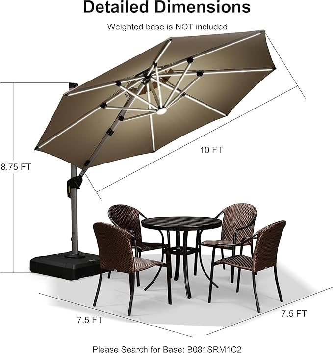 PURPLE LEAF 10ft Solar powered LED Patio Umbrella Outdoor Round Umbrellas Large Cantilever Umbrella with LED lights Windproof Offset Umbrellas Heavy Duty for Garden Deck Pool Patio, Beige