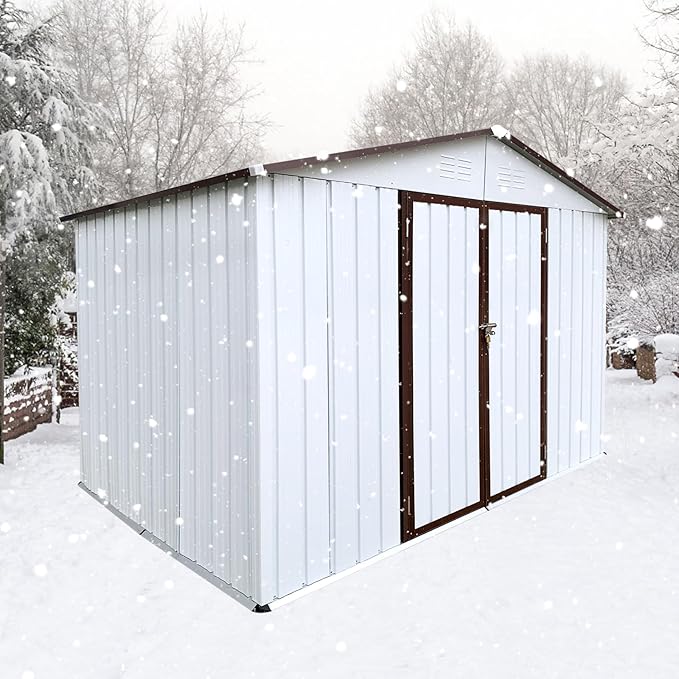 8 x 6 FT Metal Outdoor Storage Shed & Double Hinged Large Door - Heavy-Duty Shed with Floor, Lockable & Ventilation - Rainproof Windproof Large Utility Garden Shed for Backyard Patio Lawn - Brown