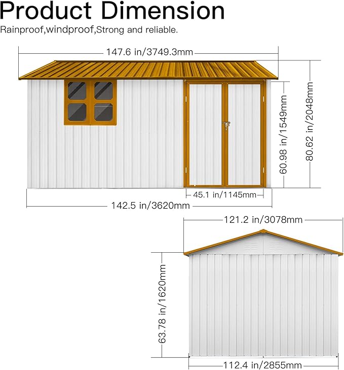10x12 FT Outdoor Storage Shed,Metal Aluminum Waterproof Tool Sheds with Window,Heavy-Duty Sheds Unit w/Door and Vents,for Storing Bicycles,Lawnmowers,Barbeques,White+Yellow