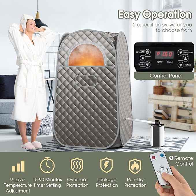 COSTWAY Portable Steam Sauna, Full-Body Personal Sauna Tent w/ 3L Steam Generator, Foldable Chair, Foot Massager, Timer, Remote Control, Indoor Pop-up Sauna Tent for Home Spa Relaxation (Gray)