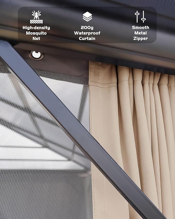 GAOMON Hardtop Gazebo 10'x13', with Double Polycarbonate Roof, Aluminum Alloy Frame, Net, and Curtain, Permanent Building of Backyard Luxury, for Patio, Deck, Backyard, Lawn, and Garden, Gray