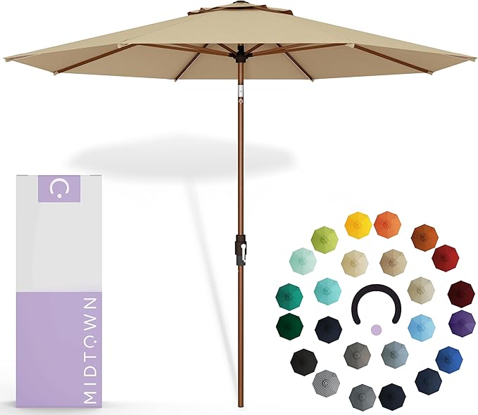 Midtown Umbrellas Sunbrella Umbrella Outdoor Patio Umbrella 2-8 Feet in Heather Tan Acrylic Fabric - Auto-Tilt Aluminum Frame For Backyard Umbrella, Deck Umbrella & Porch Umbrella - Wooden Pole
