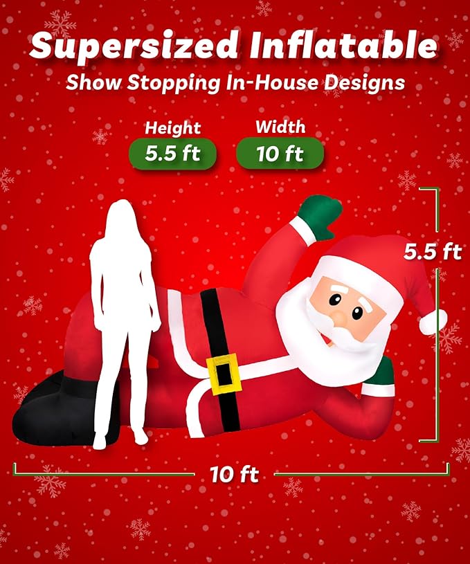 Holidayana Christmas Inflatables Large 10 ft Lounging Santa - Inflatable Outdoor Christmas Decorations Blow Up X-mas Decorations for Yard, Lawn & Garden Internal Lights & Built-in Fan