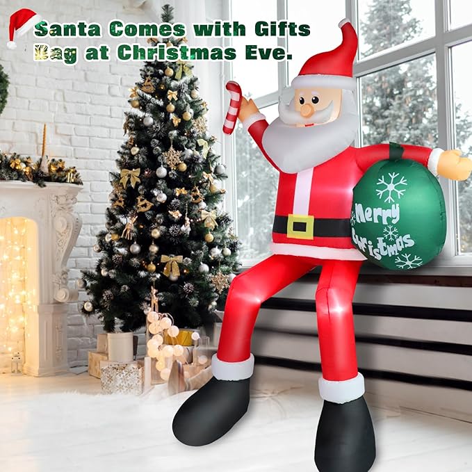 8FT Inflatable Sitting Santa Claus Christmas Outdoor Decorations, Blow Up Santa Claus with Gift Bag Sitting on Roof Wall Tree Chair, Xmas Outdoor/Indoor Decorations for Street House Patio Bench Shrubs