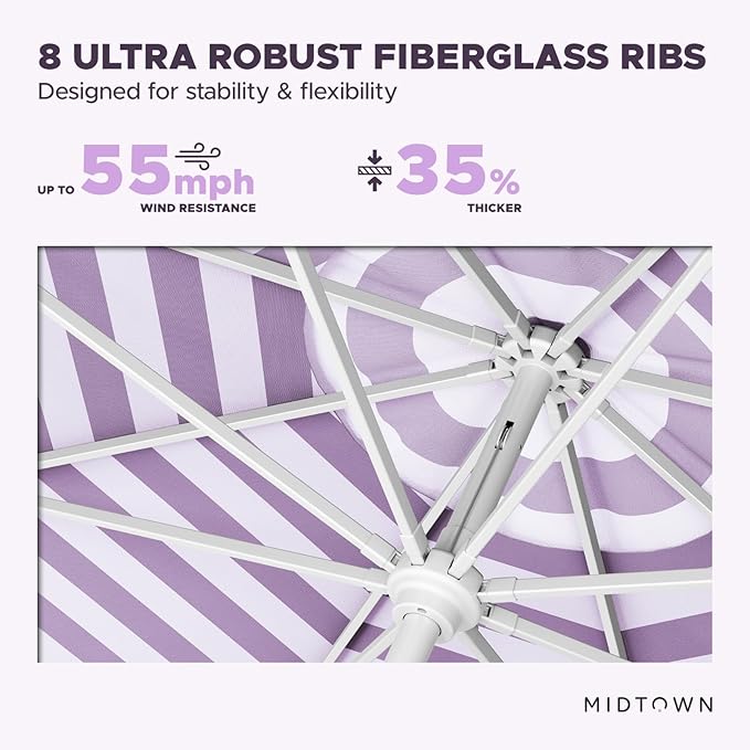 Midtown Umbrellas The Swilt 9 Feet Patio Umbrella in Terylast Midtown Stripes Purple/White Polyester Fabric - Fiberglass Ribs, Auto-Tilt Aluminum Frame For Backyard, Deck, Garden, Pool - White Pole