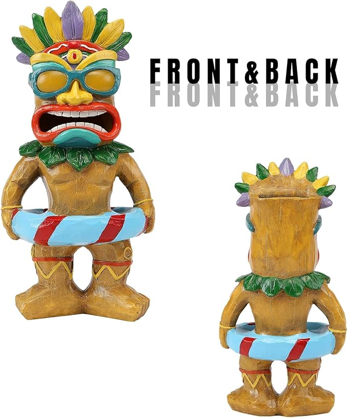 Tiki Statue with Swim Ring - Tiki Bar Decorations Outdoor Decor, Garden Statue with Solar Light for Patio Porch Poolside Balcony - Yard Art Lawn Ornaments Figurine Gardening Gift for Tiki Lover