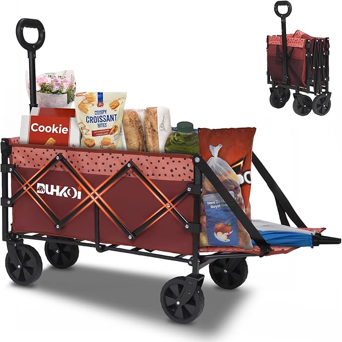 Collapsible Tailgate Wagon with Wheels, Compact Size Folding Utility Cart, 380LBS Capacity for Garden, Grocery, Beach, Camping – Portable Heavy Duty Cart(Brick Dot)