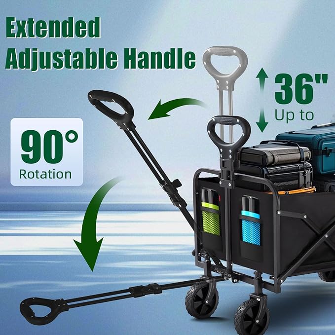 Collapsible Wagon Cart Foldable 37" L 480lbs Capacity, Heavy Duty Beach Wagon, Shopping Carts with Wheels for Grocery, Camping, Shopping, Beach, Fishing, Garden Cart