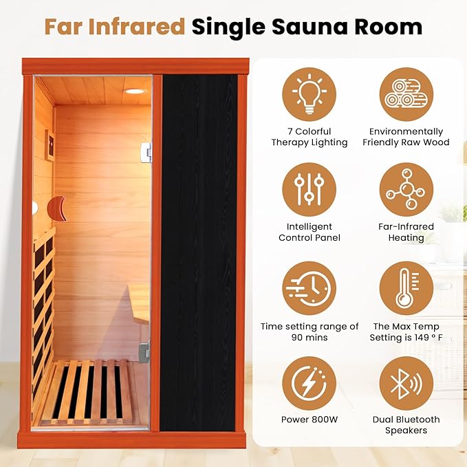 Sauna Far Infrared Sauna at Home 800W Indoor Sauna Room for 1 Person, Dry Sauna with Low EMF