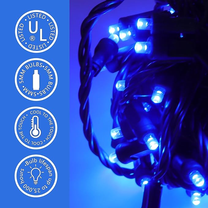 100 LED 5MM Blue Christmas Lights, 33FT Indoor/Outdoor String Light, Mini Lights for Garden, Patio, Christmas Trees - Green Wire, Commercial Grade, UL Listed