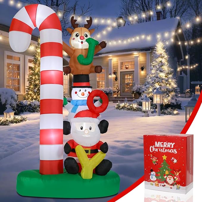 Christmas Inflatables Outdoor Decoration 8 FT Santa Claus Joy Reindeer Snowman Candy Cane Inflatable with LED Light Christmas Blow Up for Lawn Garden Holiday Party Yard Xmas Decor