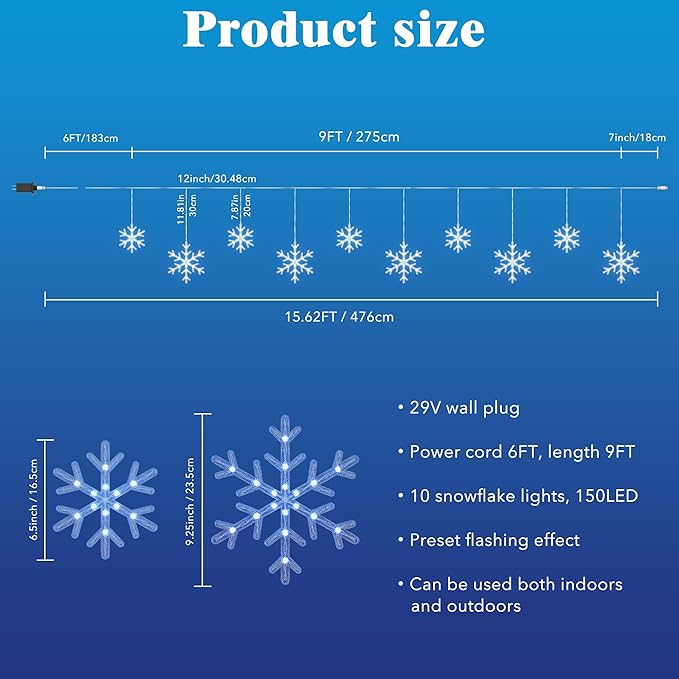 Christmas Snowflake Icicle Lights,9 ft 150 LEDs Curtain Lights with 10 Drops, 3 Strands Connectable, Waterproof Twinkle Effect Icicle Fairy Light for Eaves Window Yard Indoor Outdoor Xmas Tree