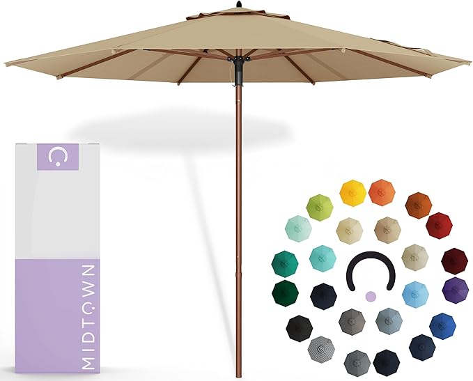 Midtown Umbrellas The Wooden 9 Feet Patio Umbrella With Sunbrella HeaMidtown Umbrellas Ther Tan Acrylic Fabric - Aluminum Frame Market Umbrella For Backyard, Deck, Garden, Pool - Wooden Pole