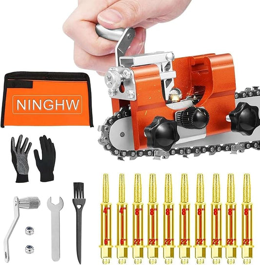 Chainsaw Sharpener Jig, Upgraded Chain Saw Sharpener Tool, Hand Crank Chainsaw Sharpening Kit with 10 High Hardness Bits, Gloves, Bag and Brush, Portable Chainsaw Blade Sharpener for 6"-22" Chain Saws