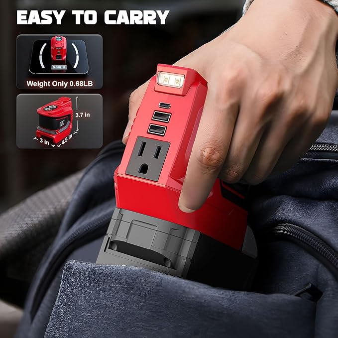 Real 200W Power Inverter Compatible with Milwaukee, DC 18V to AC 110-120V Battery Inverter, Portable Power Station Generator, Charger Adapter Battery Powered with 2 USB & 1 Type-C & 1 AC Outlet