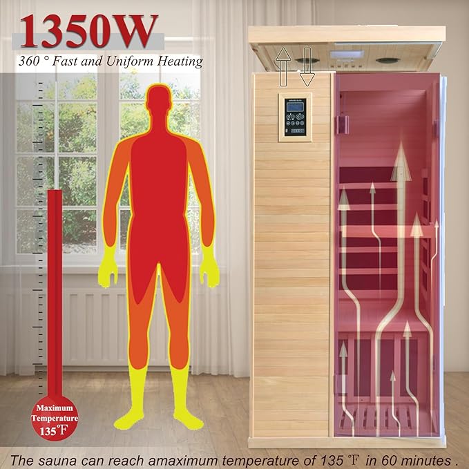Far Infrared Sauna, 1-Person Canadian Hemlock Dry Sauna- 1350W Low EMF, 5 Heating Plates, Oxygen Bar, Chromotherapy, Bluetooth Speaker - 33.5x33.5x69in for Home Relaxation