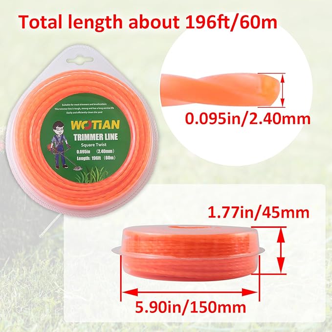 WOTIAN Weed Eater String 0.095-Inches Square Twisted Trimmer Line .095" 196ft Square Twist Weed Wacker String of Premium Nylon Compatible with Stihl Echo Grass Cordless Electric Trimmer,Orange