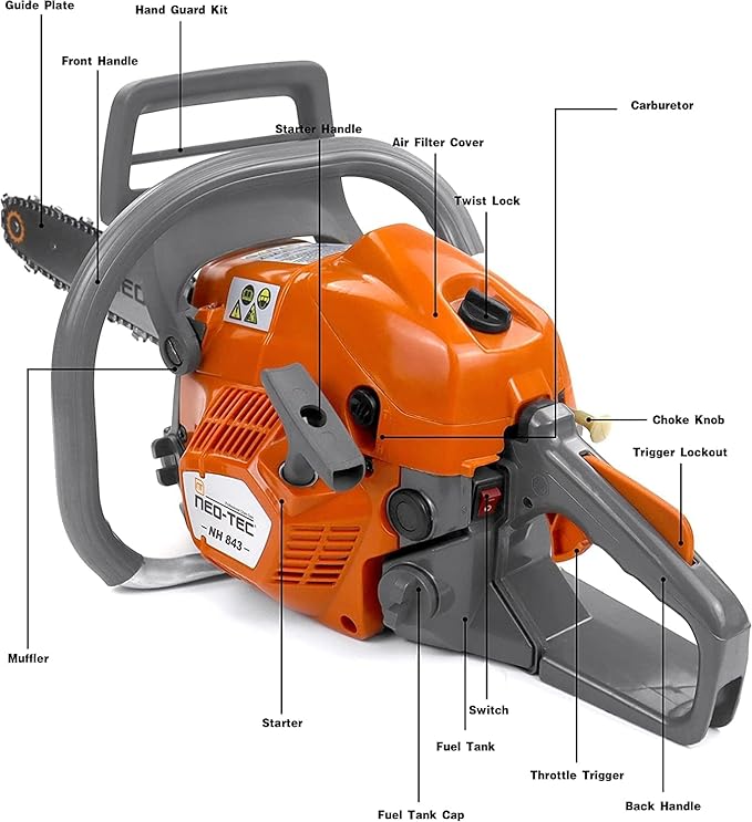 NEOTEC 43cc Gas Chainsaw, NH843 Powerhead with 16 Inch Guide Bar and Chain, Power Chain Saw 2.95HP 2,2KW 16" Gasoline Chainsaws