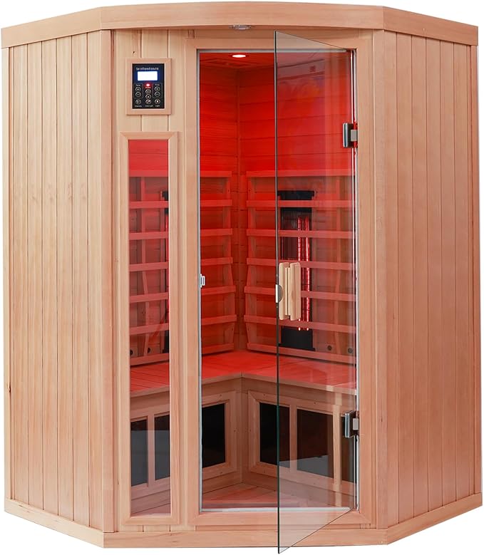 Ceramic Infrared Sauna 2 Person Far Infrared Sauna Low EMF Indoor Saunas for Home Hemlock Wooden Sauna Room with Bluetooth Speakers, LED Reading Lamps, Chromotherapy Lights