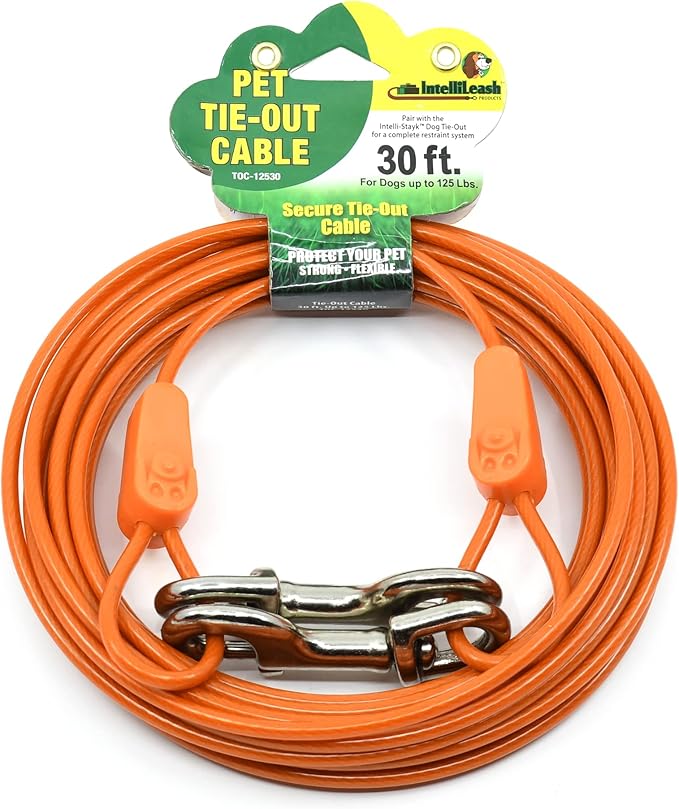 IntelliLeash 30FT Tie-Out Cables for Dogs - Strong, Safe, and Durable Dog Tie-Outs for Every Breed up to 125 Pounds - Weather and Wear Resistant Galvanized Aircraft Cable for Outside Use