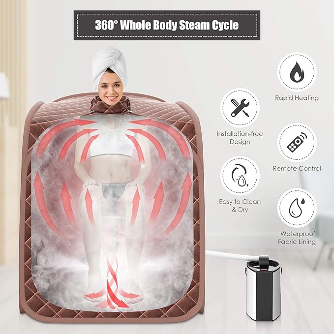 COSTWAY Portable Steam Sauna, 3L Foldable Sauna Spa with Remote Control, 9-Gear Temperature and Timer, Atomization Function, Personal Sauna Tent for Relaxation at Home (Coffee)