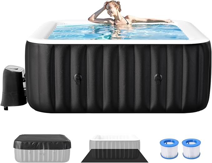 2-4 Person Inflatable Hot Tub, Large Square Portable Blow up Hot Tub, Leak-Proof PVC Outdoor Spa with 120 Air Jets, Insulated Cover and Heater Pump, 60” X 60” X 25”