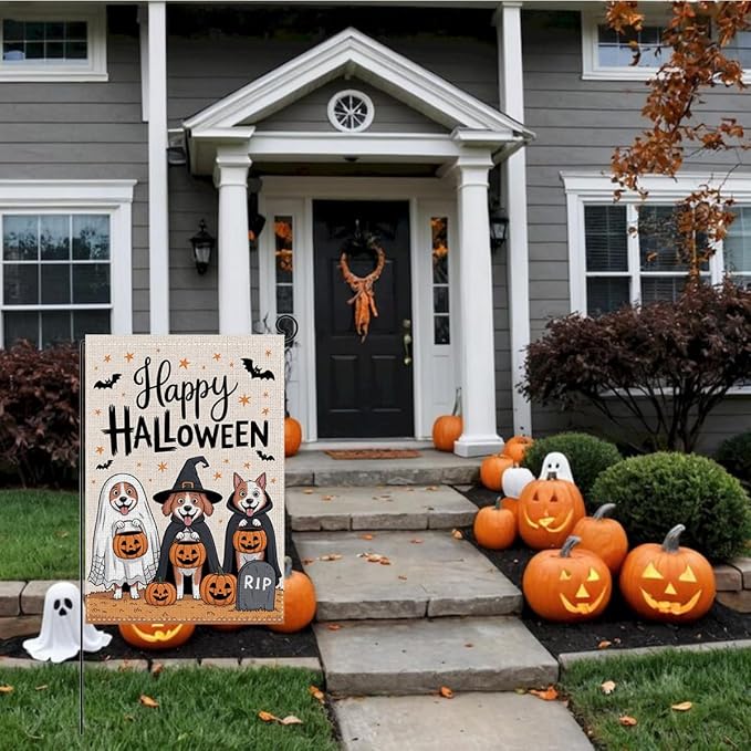 HTBIG Happy Halloween Garden Flag, Funny Dog Pumpkin Halloween Decor, Yard Flags for Outside 12x18 inch, Outside Yard for Home Decorations