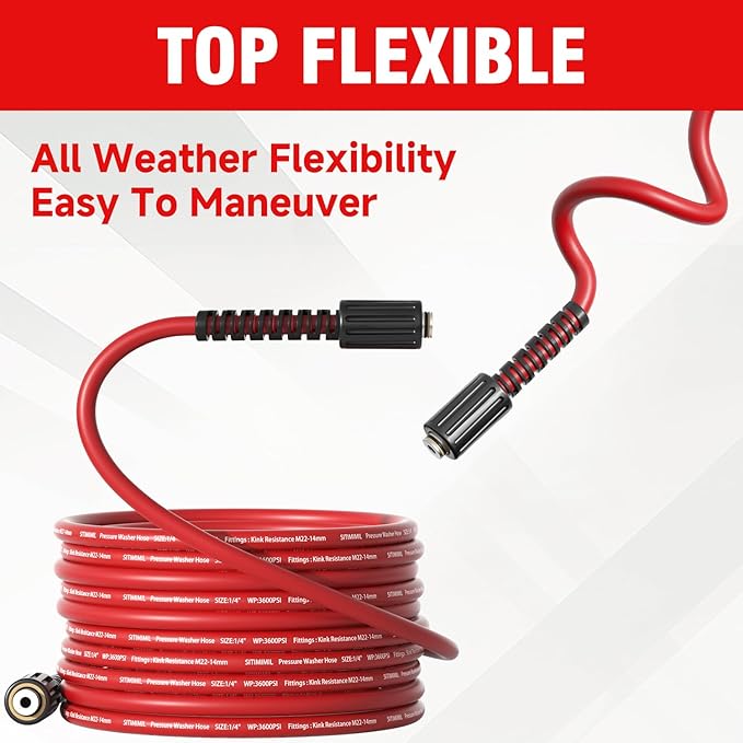 1/4"*50FT Pressure Washer Hose,Kink-Free with M22-14mm Stainless Steel Thread Power Washer Hose,Stainless Steel Adapter Set(5-piece),Suitable for Ryobi,Troy Bilt,Greenworks,Simpson（3600PSI)