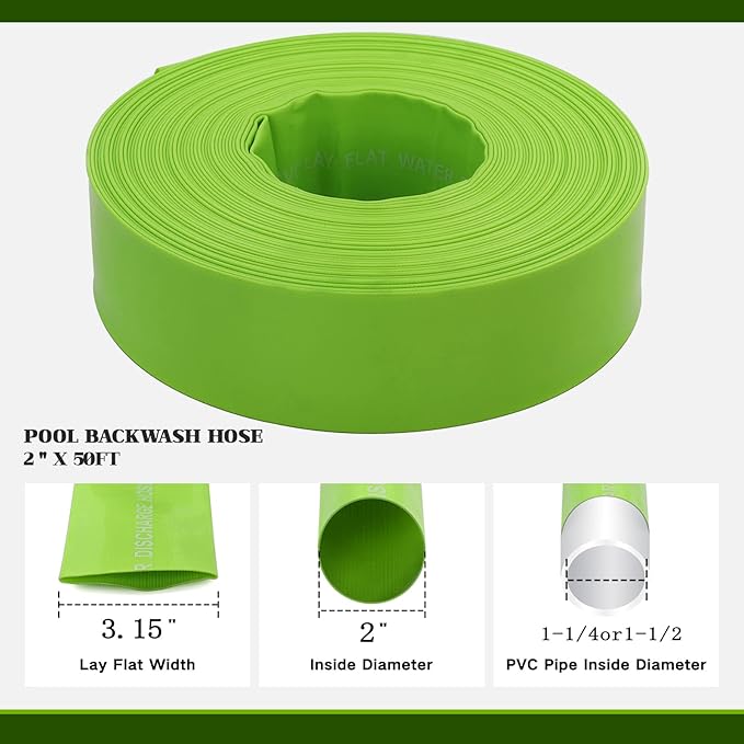 Eastrans 2'' x 50 FT Pool Backwash Hose with 2 Hose Clamps,Extra Heavy Duty Discharge Hose,Drain Hose for Swimming Pool,Super wear-resistant,weather blast,green