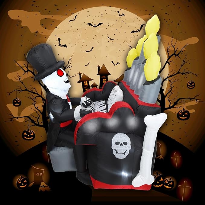 Bonus Bluetooth Speaker! 5.4x5.4FT Giant 3D Novelty Halloween Inflatable Skeleton Playing Piano with Build-in LED Lights and Bluetooth Speaker, Playing Music Remotely by Youself! Outdoor Indoor Decor