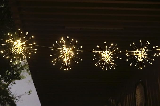 Remote Firework LED Copper Wire Starburst Lights - 10 Connection 600 LED Fairy Twinkle String Lights - 8 Modes With Remote Control, Dimming, Timer (Warm White)