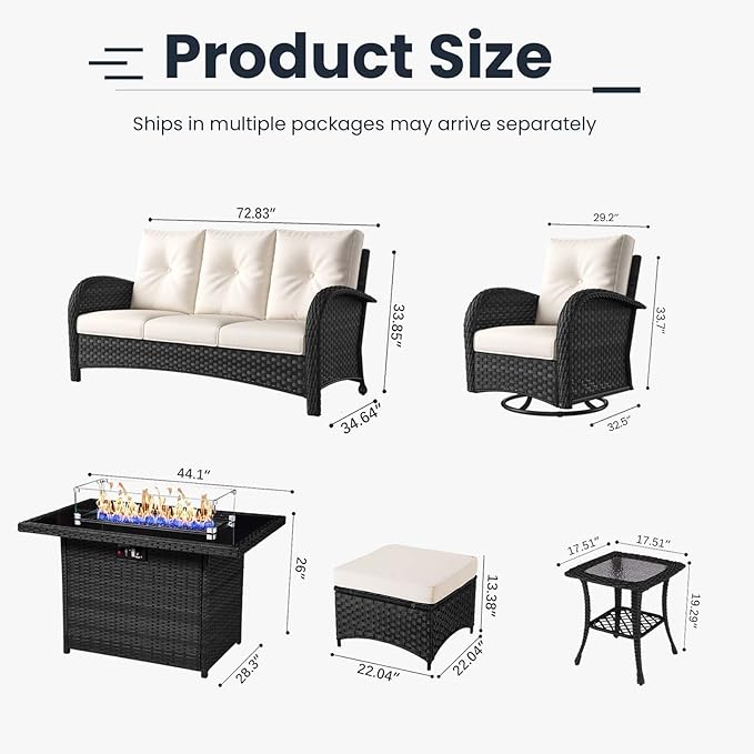 7 Pieces Patio Furniture Sets with Fire Pit Table, Wicker Rattan High Back Outdoor Swivel Rocking Chairs Set with 3-Seat Couch, Ottomans and Side Table
