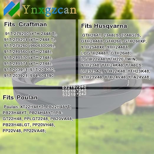 532197242 5/8" W x 138.2" L Mower Deck Belt 48 Inch Replacement Compatible with Husqvarna Poulan Craftsman AYP Jonsered Replace 197242 33154 lt155 z425 z246 yth24v48 48 inch Mower Belt